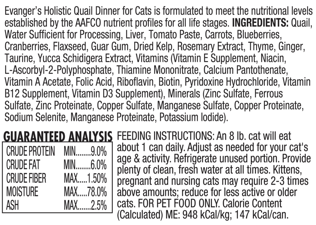 Super Premium Holistic Quail Dinner for Cats Case of 24 Evanger's