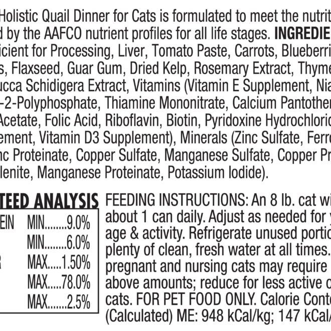 Super Premium Holistic Quail Dinner for Cats Case of 24 Evanger's